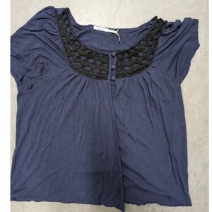 Kimchi Blue Urban Outfitters Navy Blue Crochet Trim Short Sleeve Top Boho Style